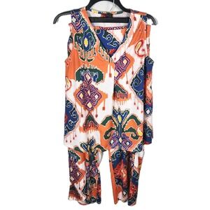 Isle by Melis Kazan 2pc Set Outfit Small Orange Purple Top + Split Leg Pant Boho